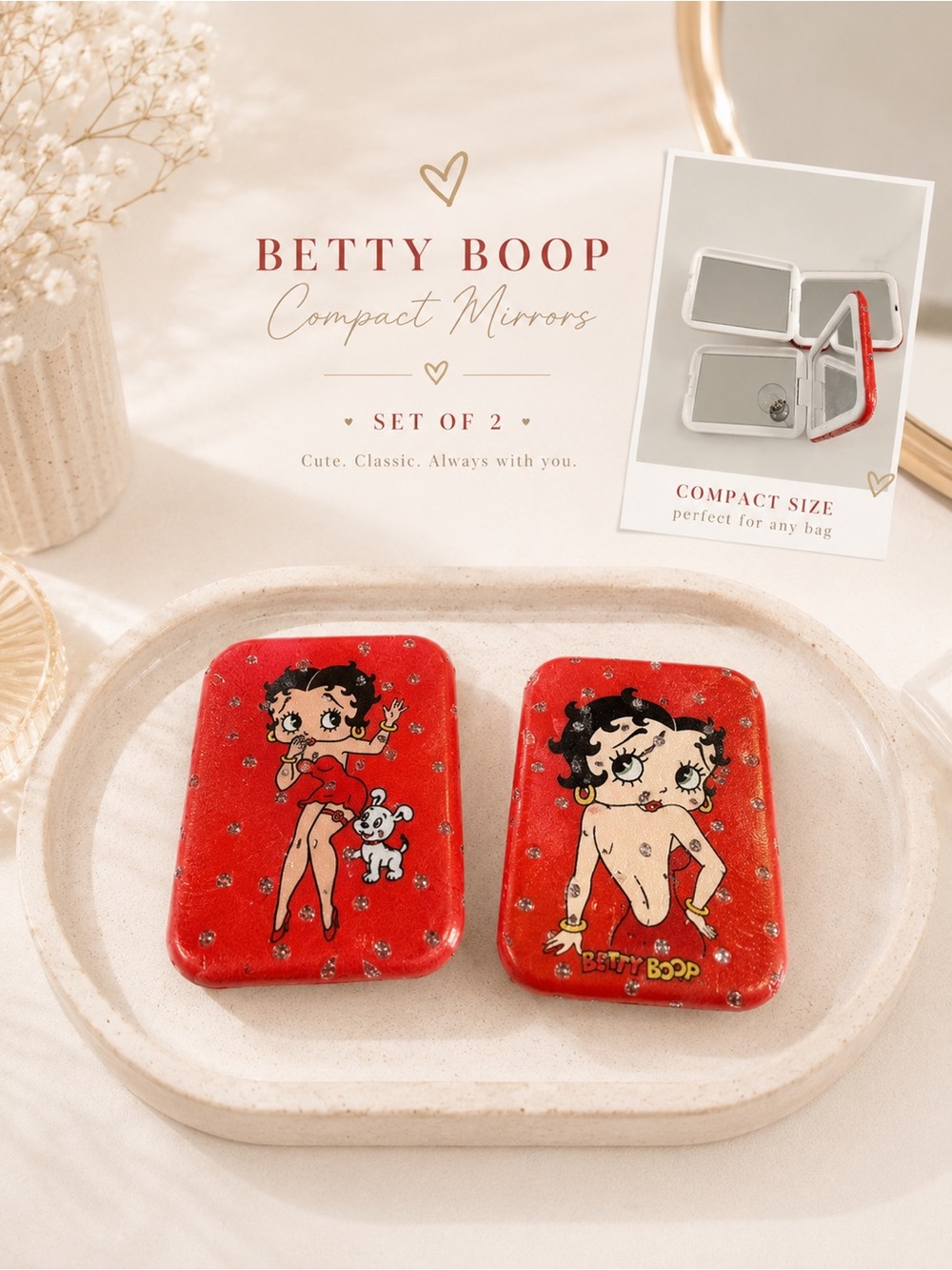 Set of 2 -cute Betty Boop Red sparkly Compact Mirror vintage inspired 80’s gift